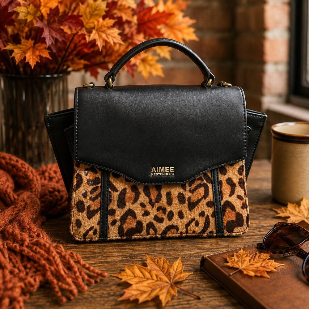 Aimee Kestenberg Black Leather Leopard Haircalf Structured Satchel